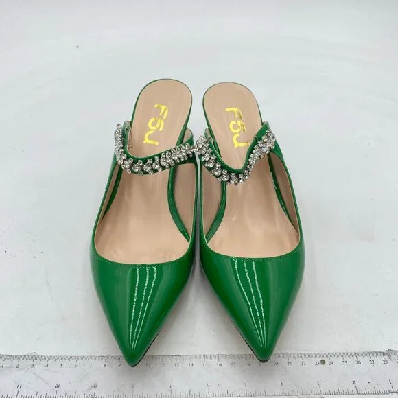 FSJ Emerald Rhinestone Cone Low Heel Mule Pointed Toe One Strap Slip On Sandals - Picture 3 of 8